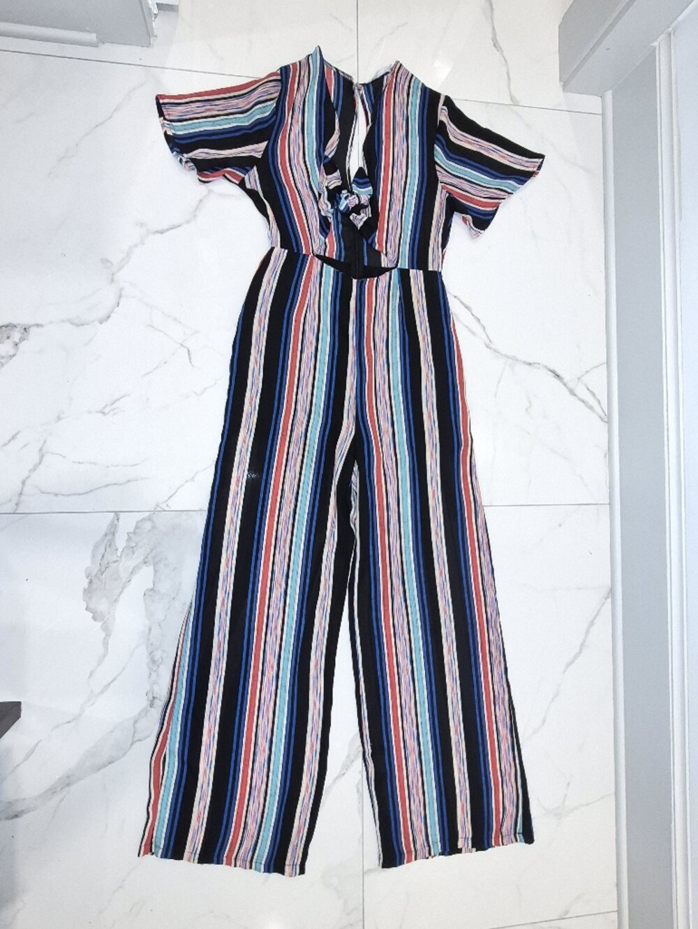 Lush Multicolor Striped Jumpsuit - Black Base with Blue, Pink & Red Stripes
